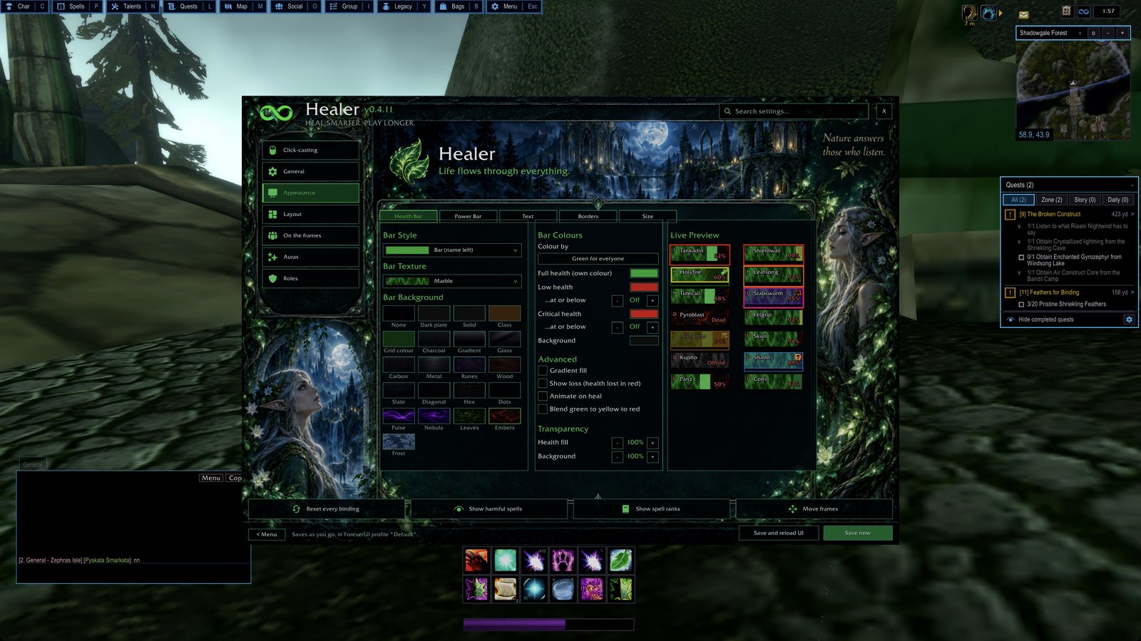 Health bar appearance settings with a live preview