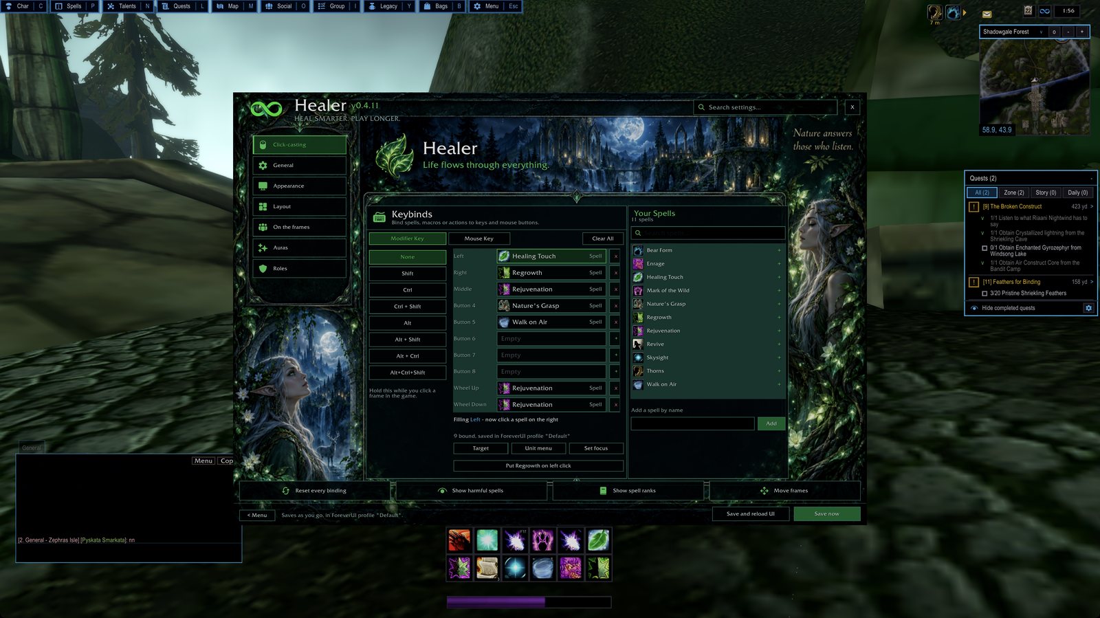 The Healer window: click-cast bindings and spell list