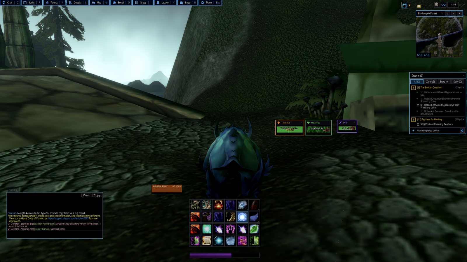 ForeverUI in the world: action bars, role grids, minimap and quest tracker